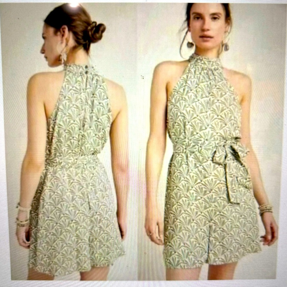 REDUCED Anthropologie Maddie High Neck Romper, leaf green print - Picture 1 of 9
